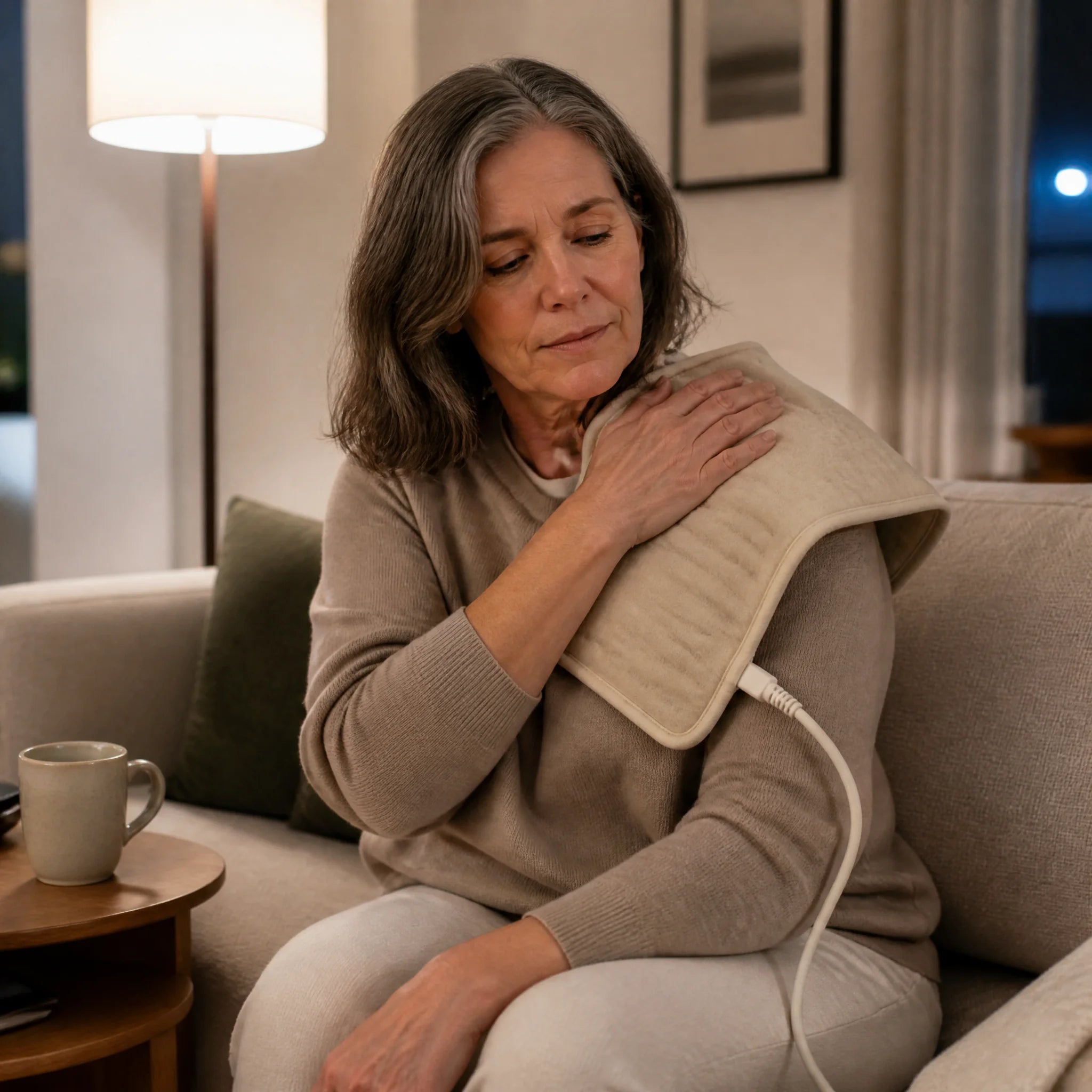Woman using a heating pad on her shoulder at home