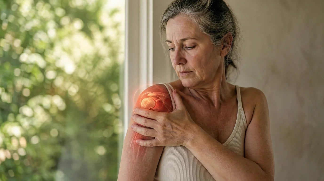 Woman in her fifties holding her stiff shoulder