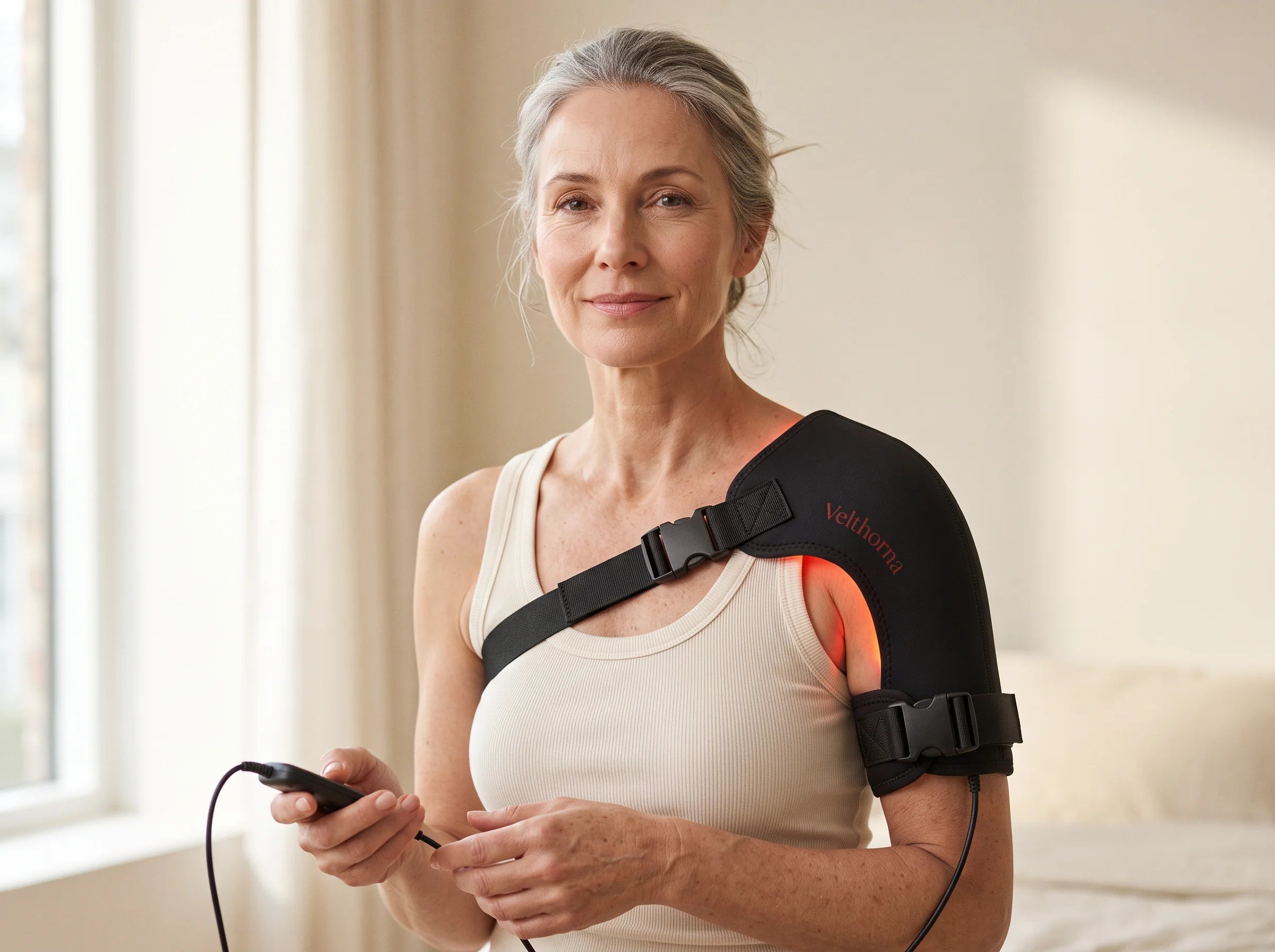 Woman wearing the Velthorna Shoulder Relief Wrap