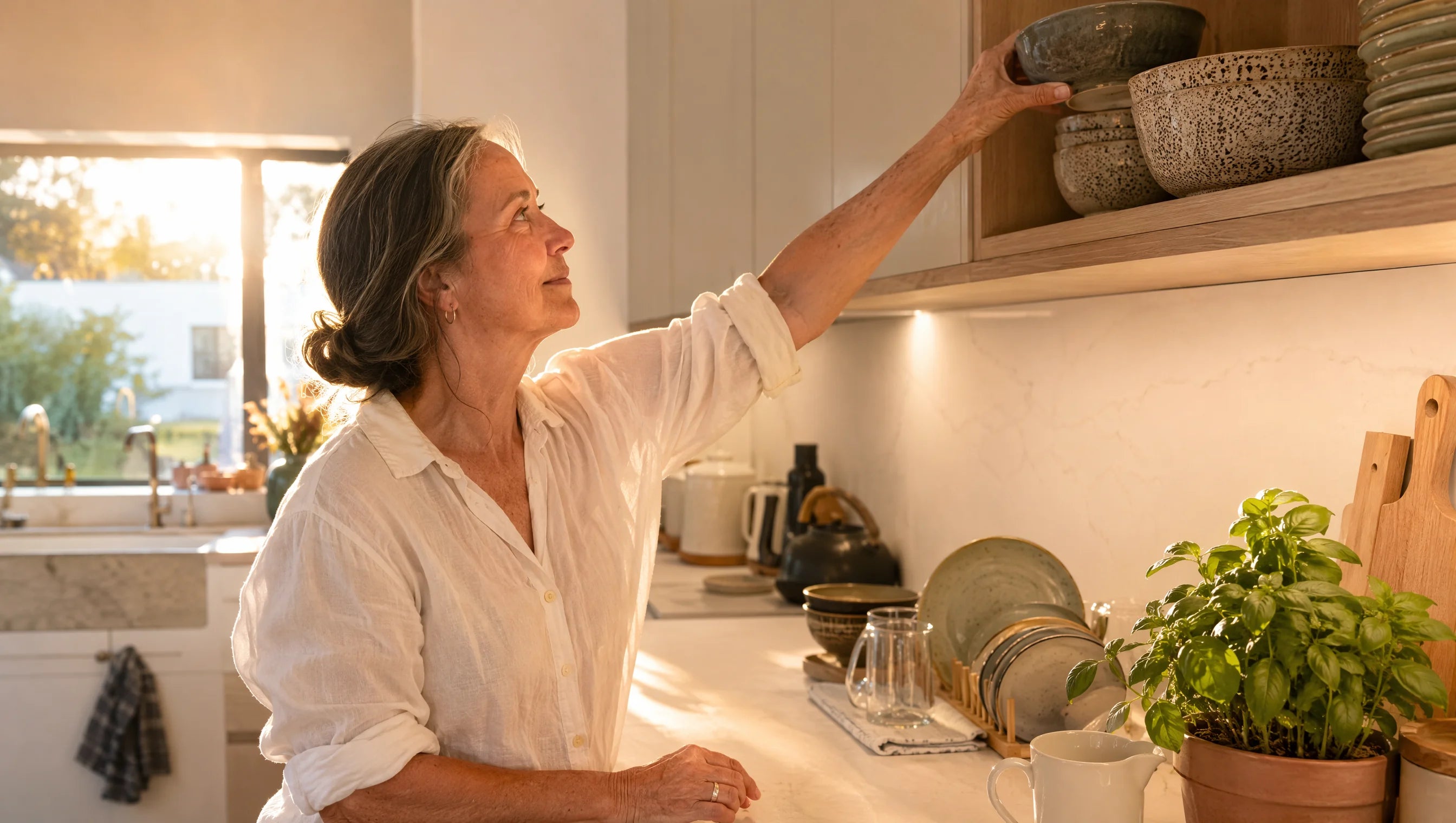 Woman reaching up to a kitchen shelf without bracing