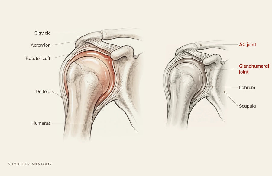Anatomical illustration of the shoulder joint, bones and tendons exposed