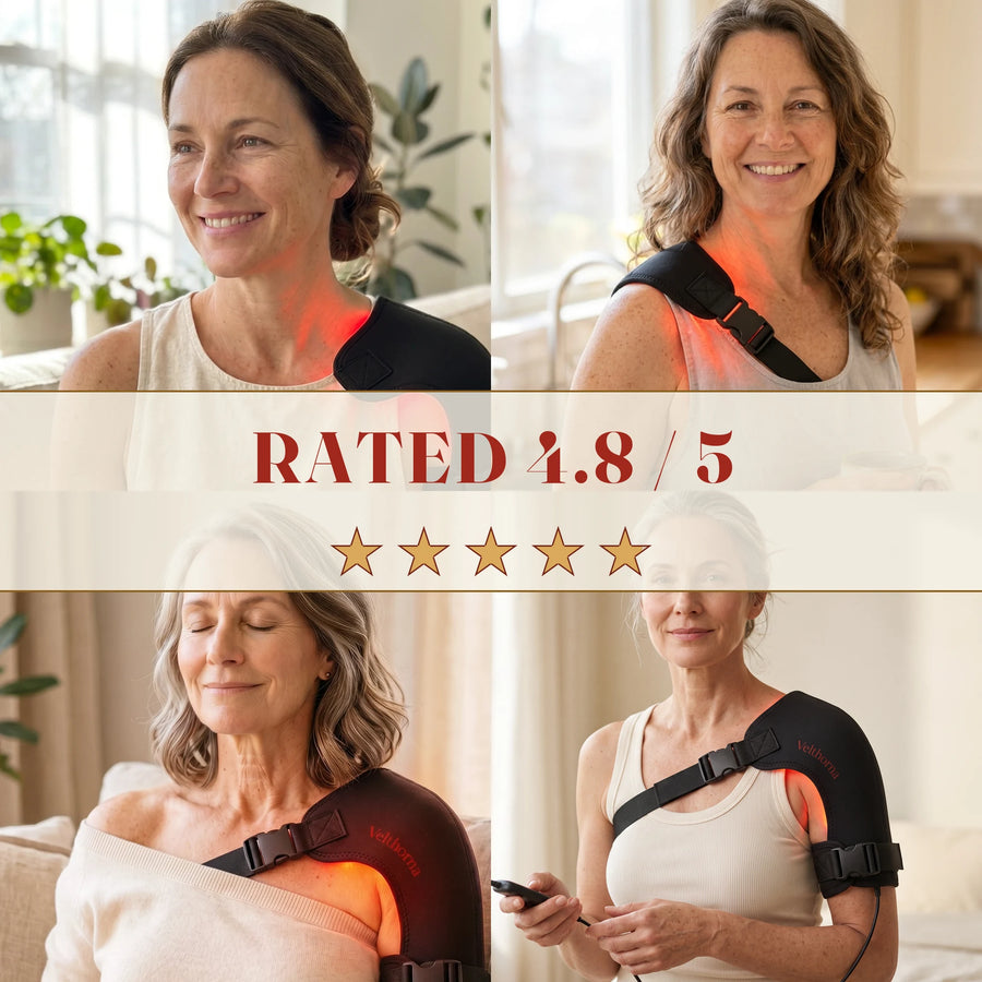 Four customers in their fifties and sixties wearing the wrap at home, rated 4.8 out of 5