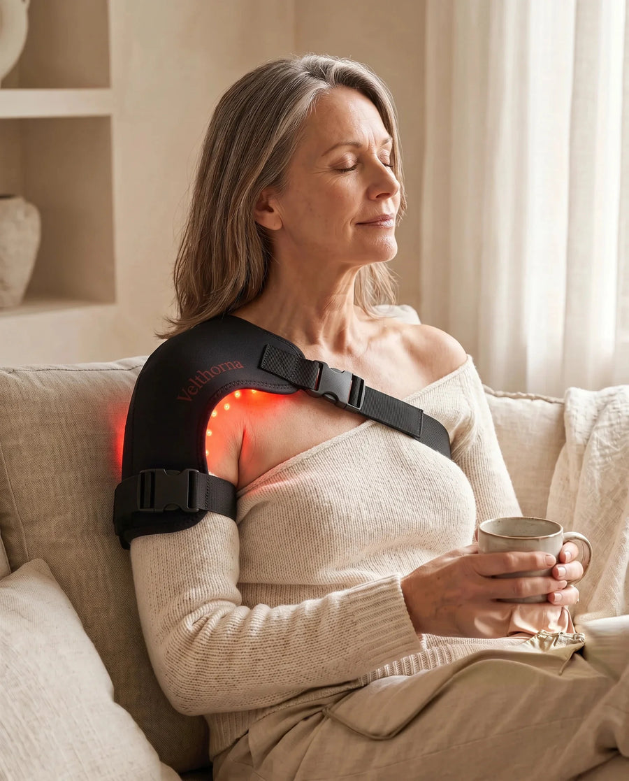 Woman in her fifties relaxing in a bright living room with the wrap on