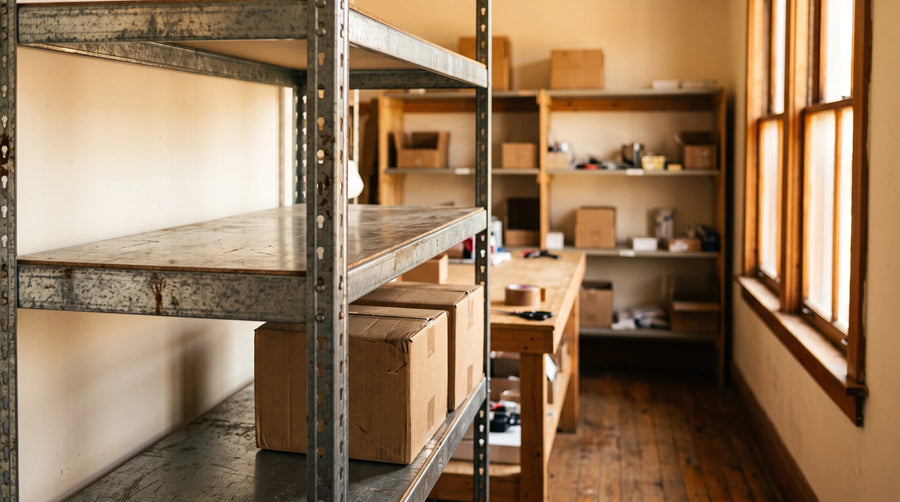 Half empty warehouse shelf with a few remaining boxes