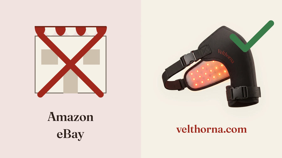 Marketplace logos crossed out next to the genuine Velthorna packaging