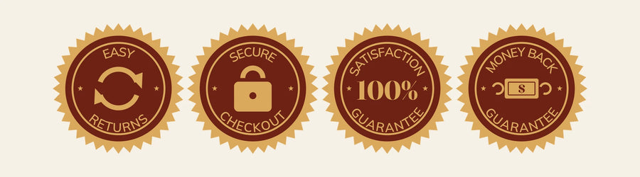 Easy returns, secure checkout, 100% satisfaction and money back guarantee seals