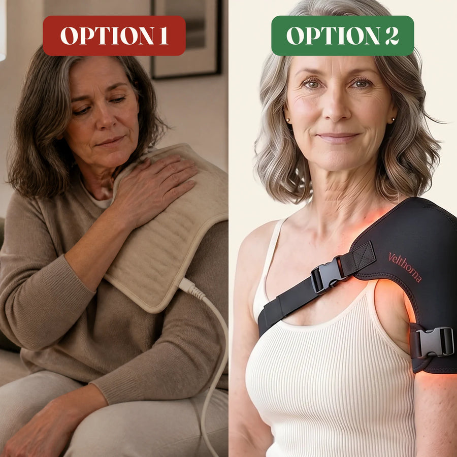 Option one, a woman holding her painful shoulder at the doctor. Option two, the same woman with the wrap, arm free above her head