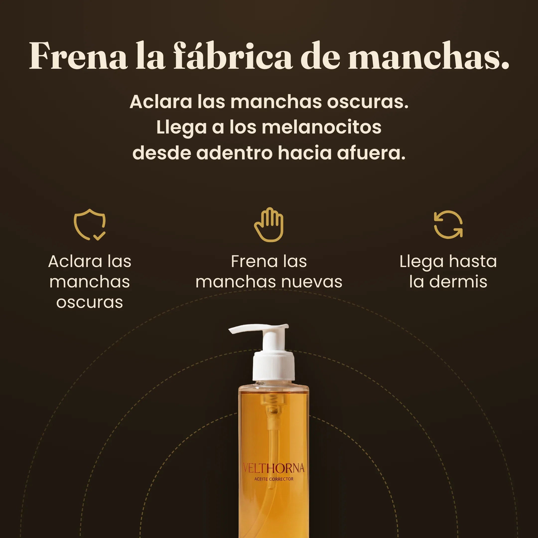 Frena la fábrica de manchas: aclara las manchas oscuras, frena manchas nuevas, llega a los melanocitos